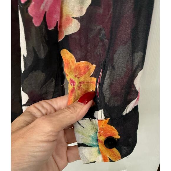 Allison Taylor small 100% silk floral black long sleeve button pink orange - Picture 5 of 5